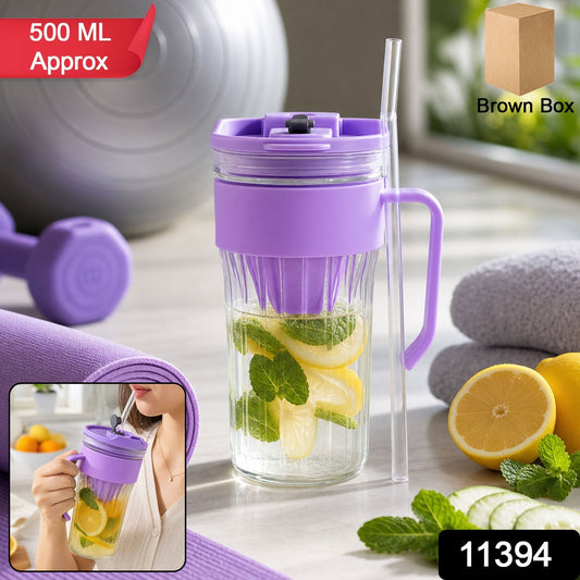 Glass Tumbler With Lid Straw And Handle For Cold Beverages And Juice (1 Pc)